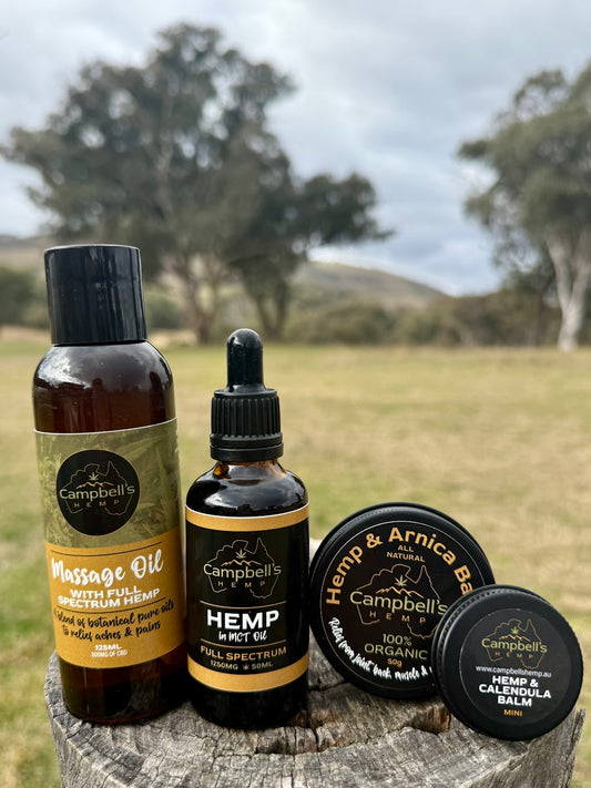 Campbell’s Hemp Wellness Bundle – includes 50ml hemp oil, hemp balm, travel balm, and 125ml massage oil for natural pain relief, skin hydration, and muscle recovery.