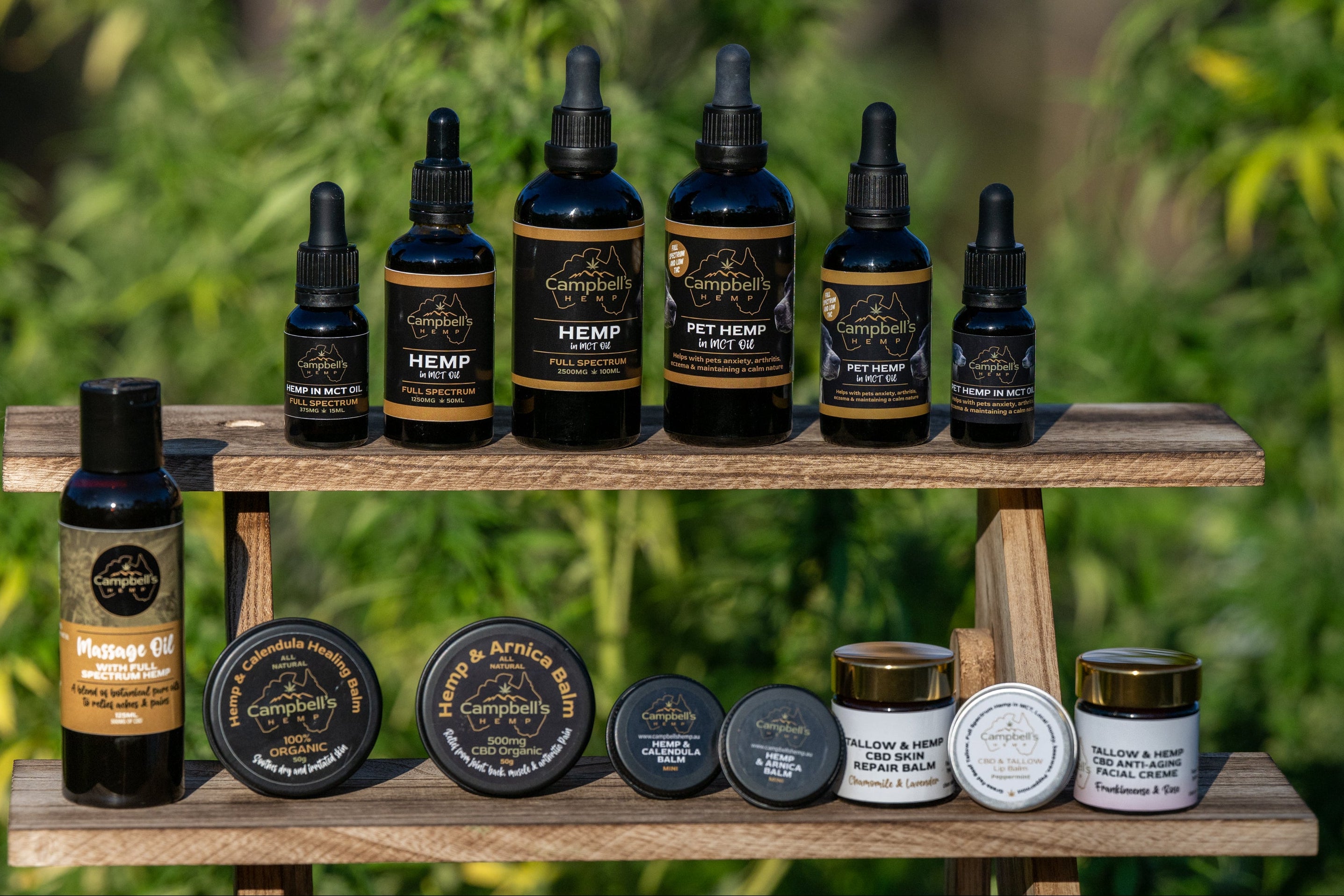 Collection of Hemp-based products on a wooden display with a natural background