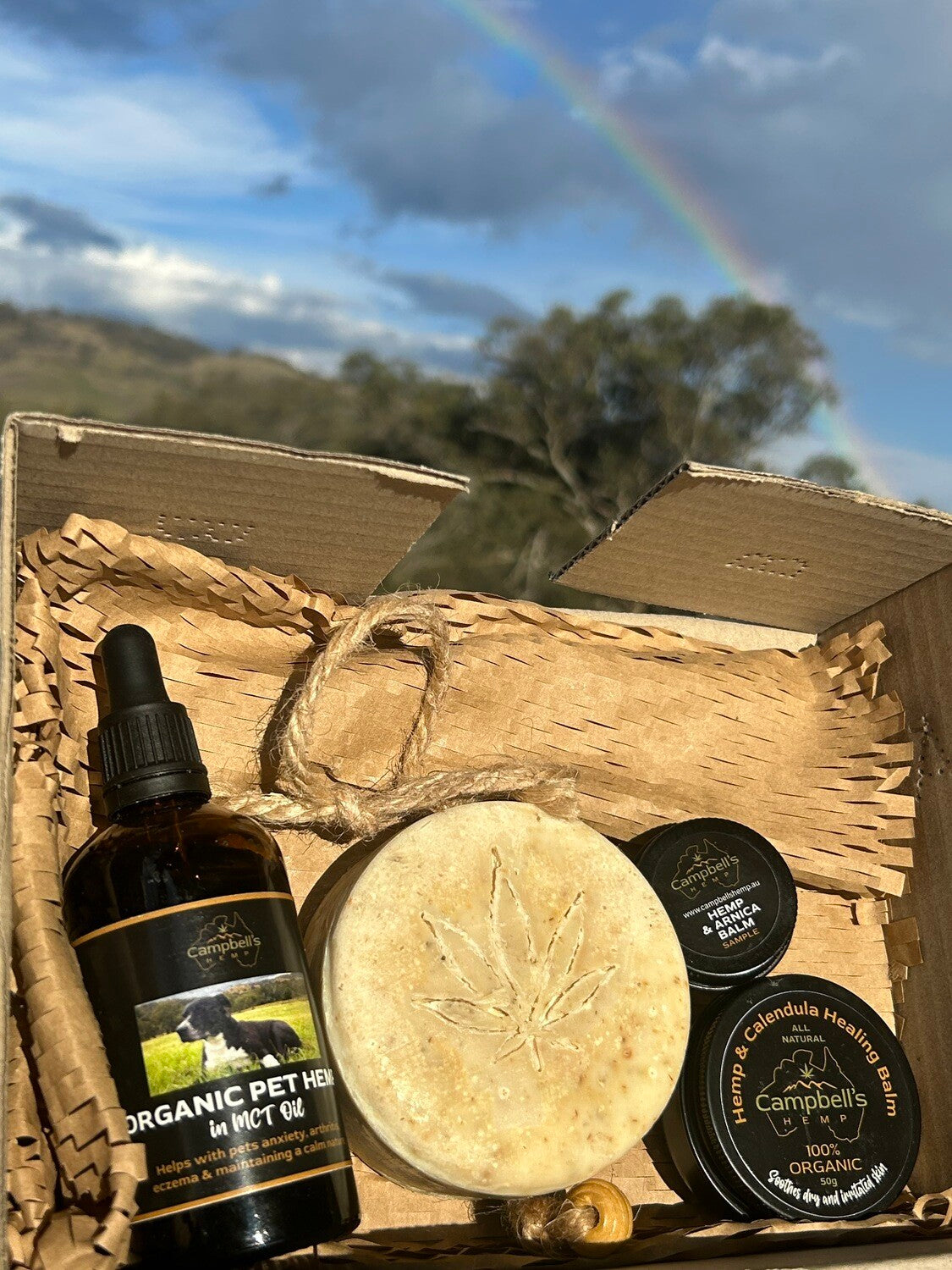 Complete Campbell’s Hemp Bundle featuring Pet Hemp Oil, Balms, and Hemp Soap, arranged in a gift-ready display with eco-friendly packaging.