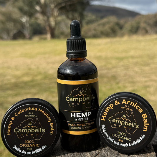 The Original Hemp Pack by Campbell’s Hemp – 100ml hemp oil with MCT, hemp and arnica balm, hemp and calendula balm – natural pain relief, skin hydration, muscle recovery, Australian-grown hemp products